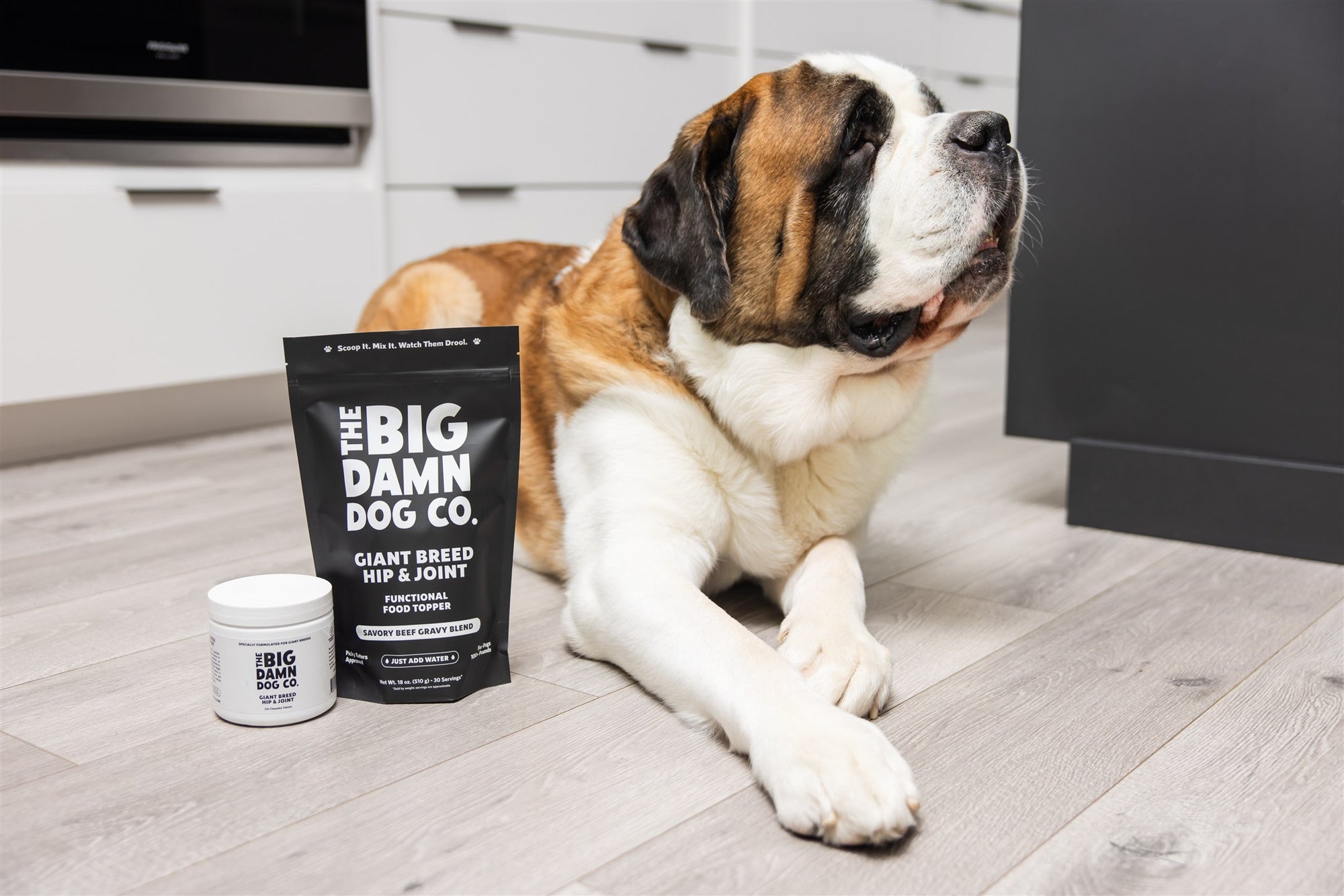 Large dog sitting on a wooden floor next to a container of 'The Big Damn Dog Co.' pet supplement.