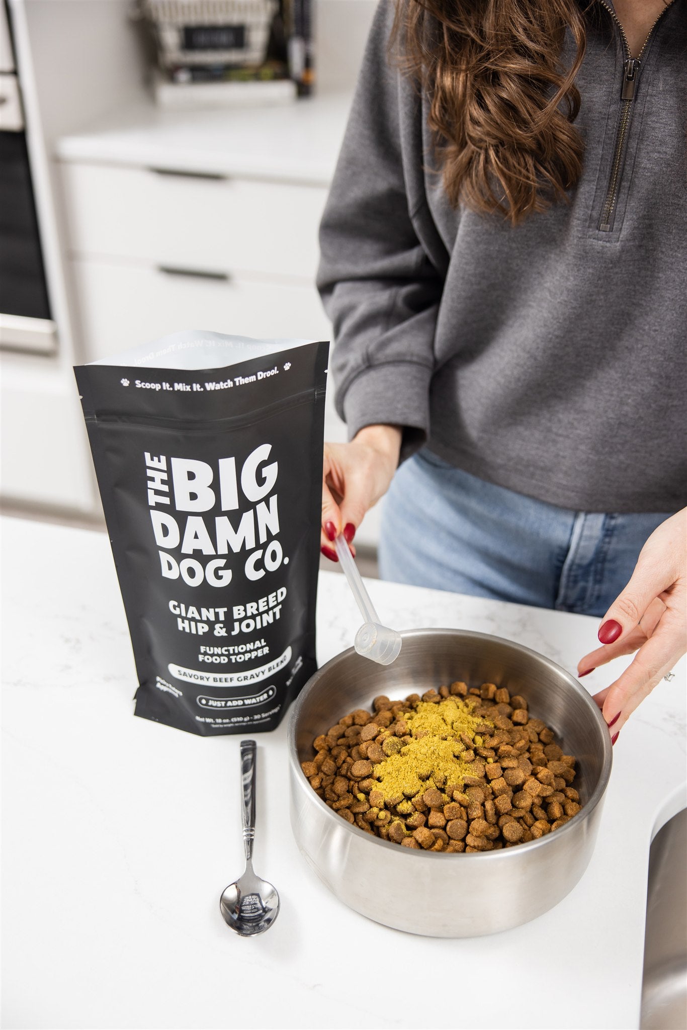 Person preparing dog food with 'The Big Damn Dog Co.' bag on a counter
