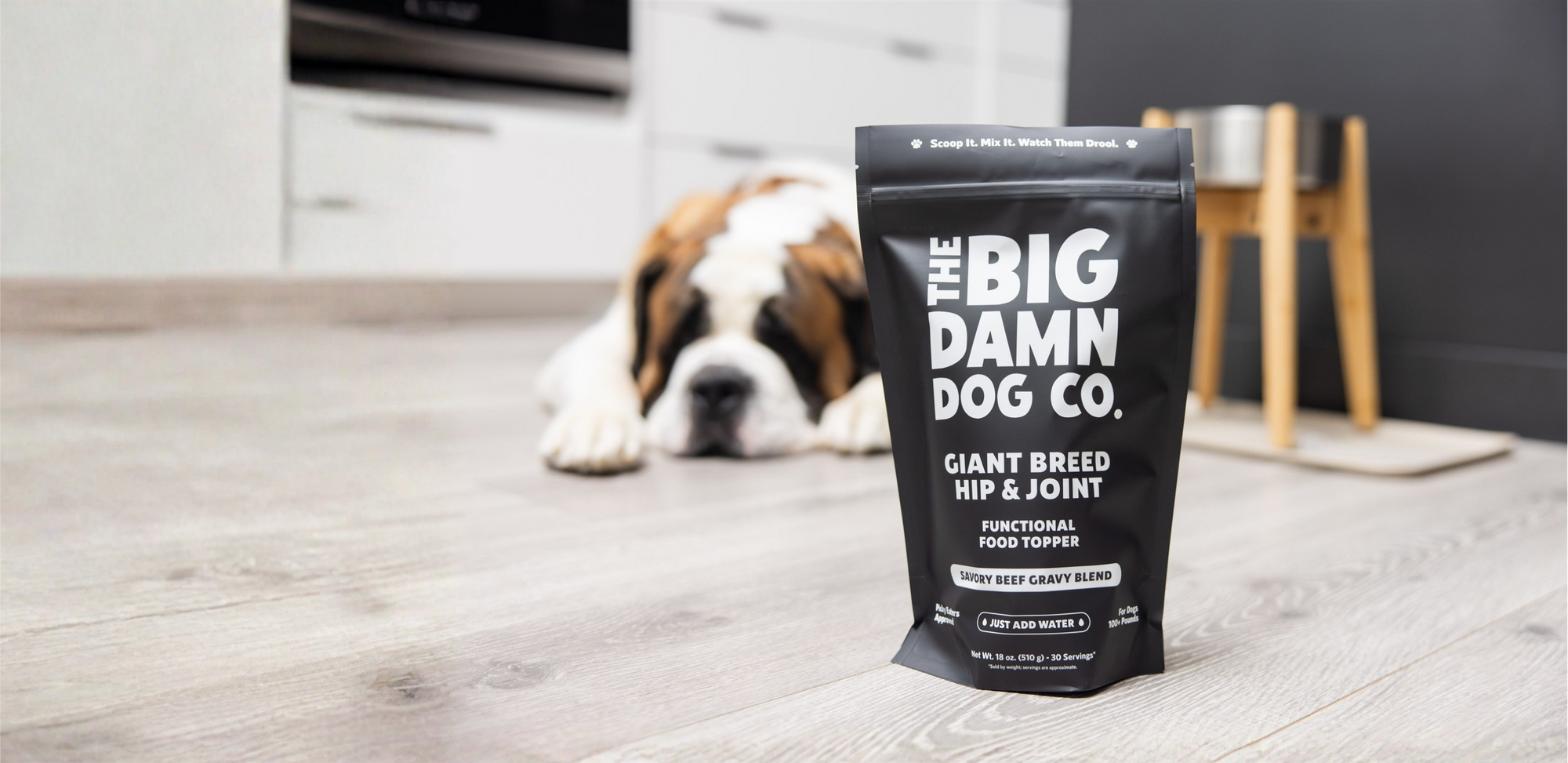 Dog food package from 'The Big Damn Dog Co.' on a wooden floor with a dog in the background.