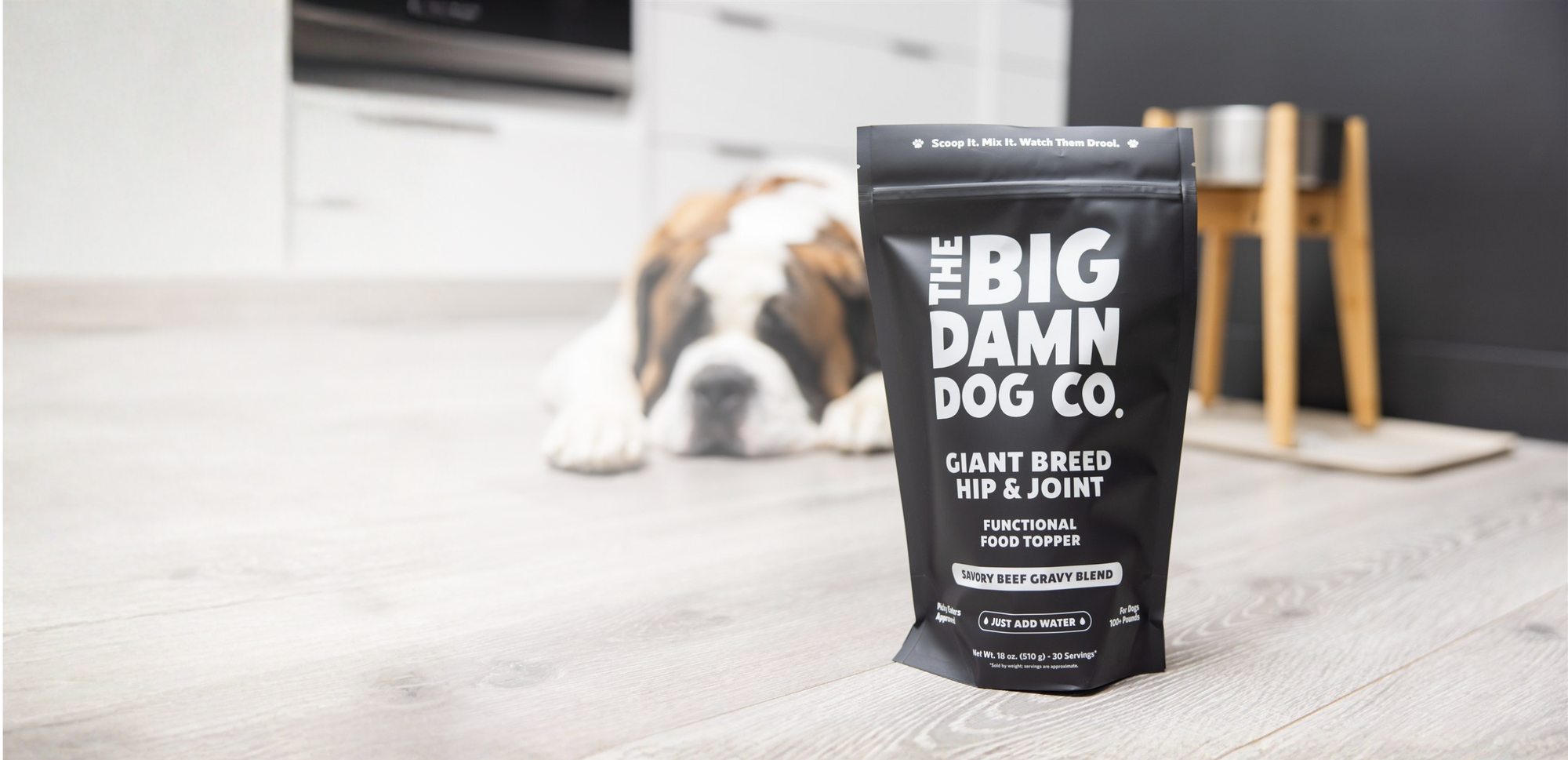 Bag of 'The Big Damn Dog Co.' pet supplement on a floor with a dog in the background